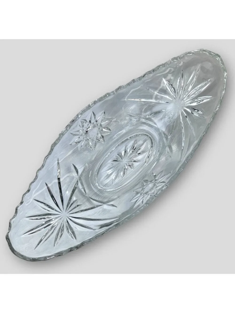Vintage Elegant Crystal Clear Oval Star of David Glass Relish Boat EUC No Chips/